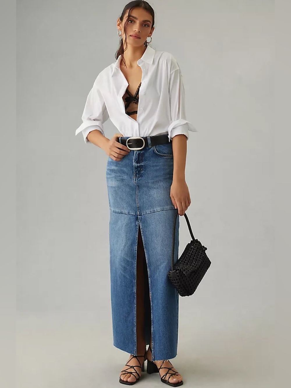 Reformation Tazz Blue Denim Maxi Skirt with Front Slit size 23